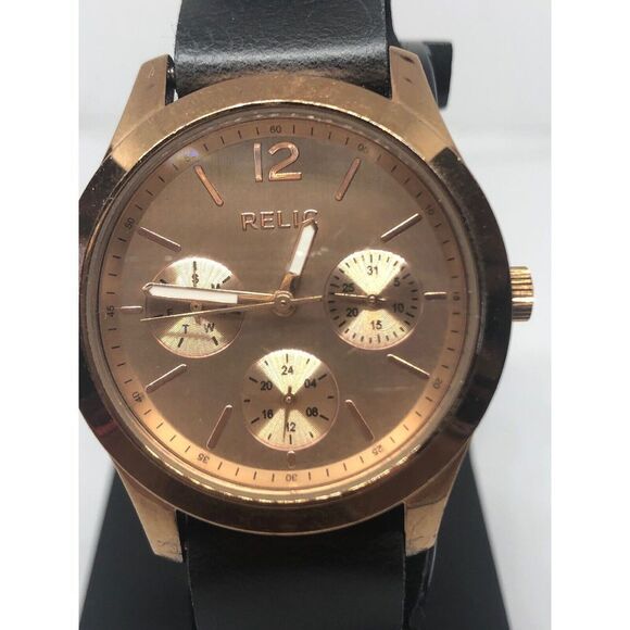 Relic ZR15594 Women's Black Leather Analog Gold Dial Quartz Genuine Watch RK232 - Picture 1 of 9